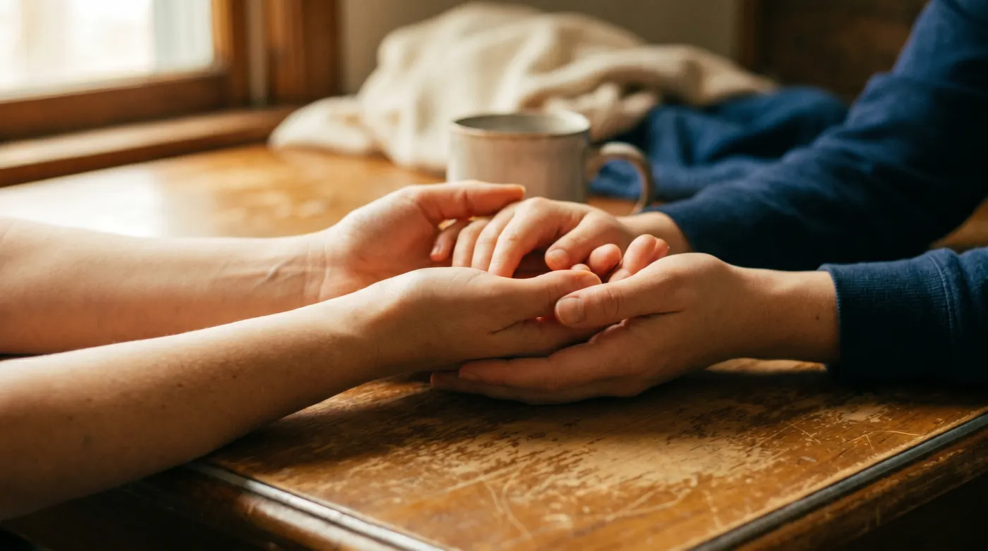 Two adults gently cradling a child's hands across a worn wooden table in warm window light