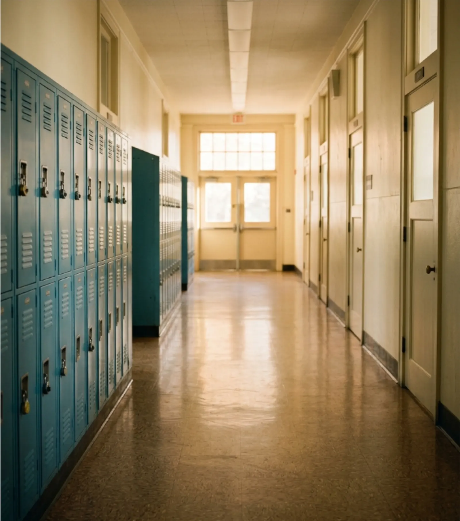 Empty school hallway in soft morning light