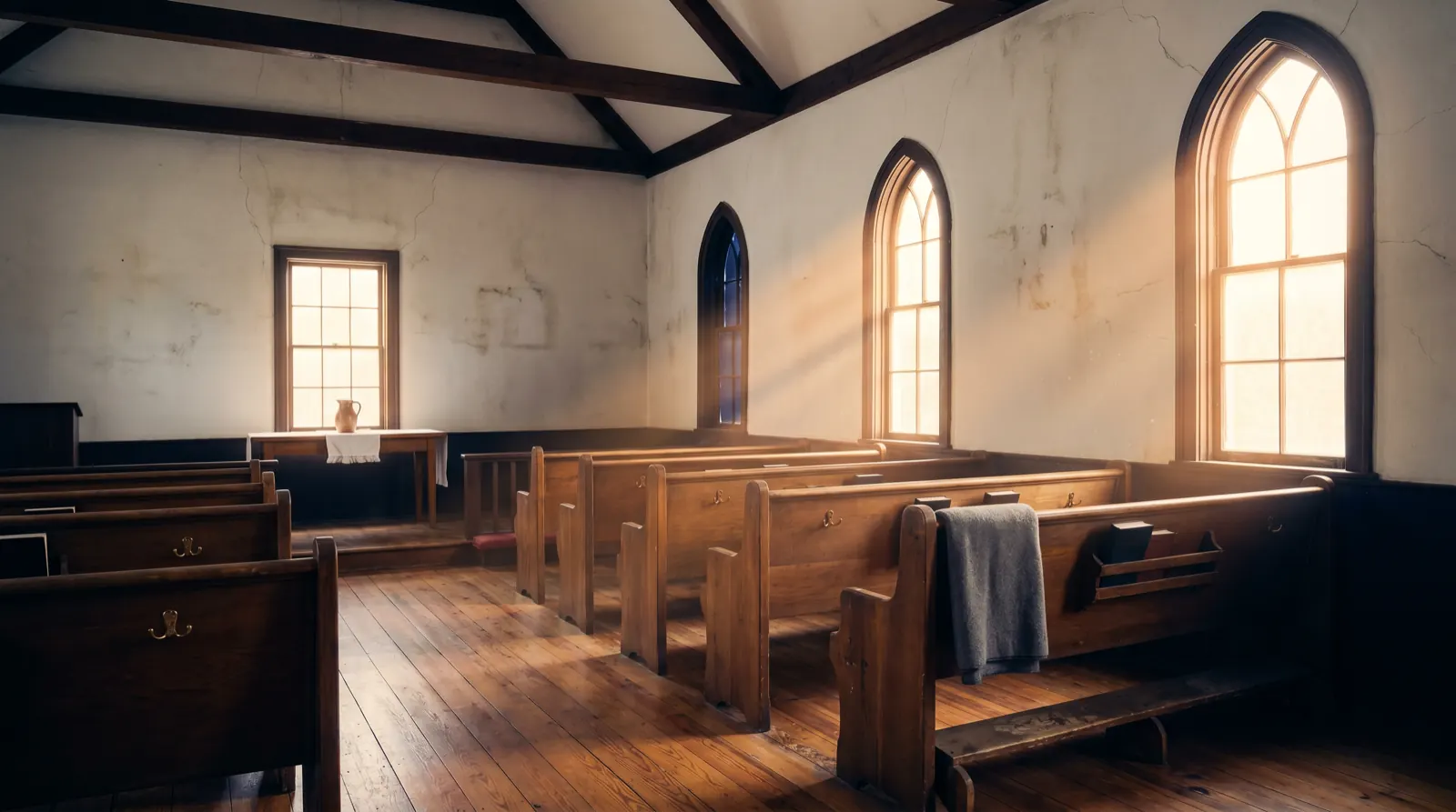 Sunlit sanctuary with wooden pews and tall arched windows